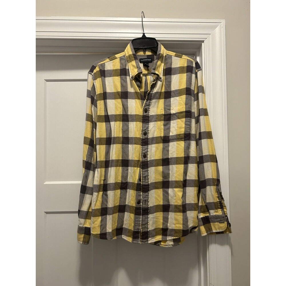 Lands End Flannel Shirt Mens Large Yellow Purple Plaid Button Game Day Outdoor